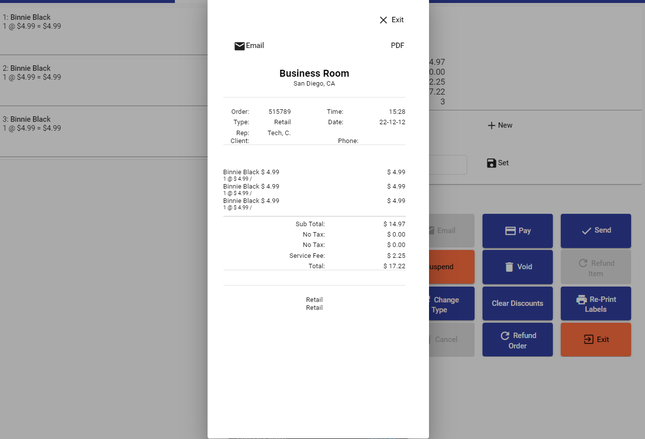 Receipt with Service Fee