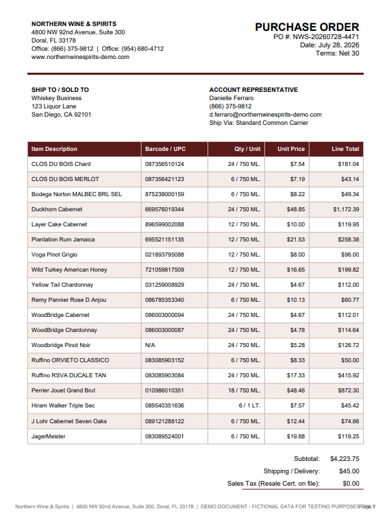 Sample vendor purchase order